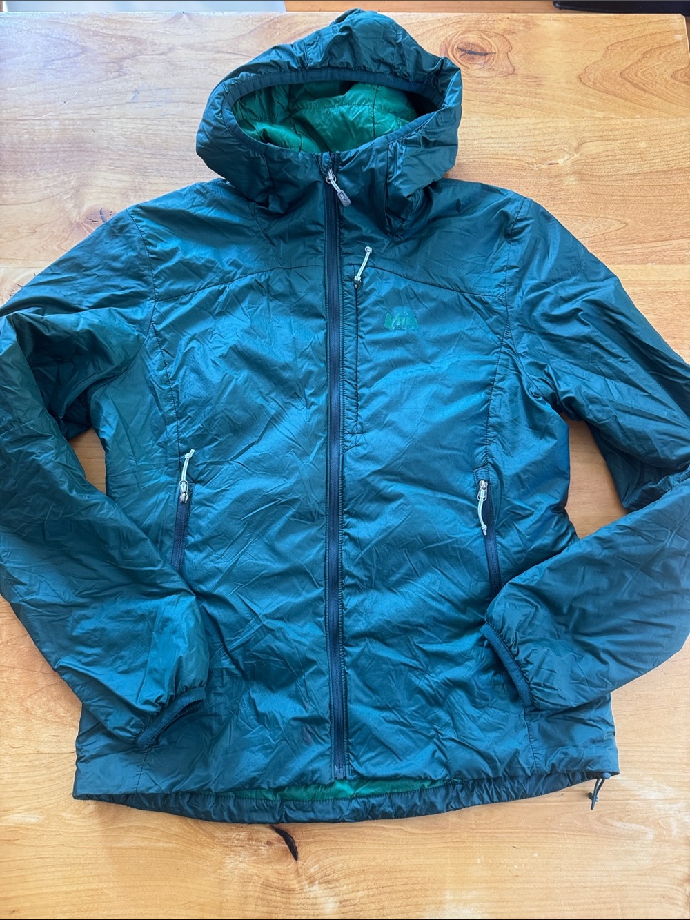 Women’s REI Lightweight Primaloft Dark Green/Teal Hooded puffer Jacket